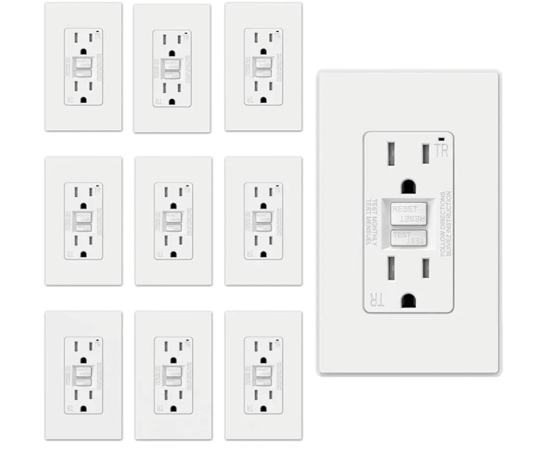 ELEGRP GFCI Outlet 15 Amp, Self-Test GFI Electrical Outlet with Thinner Design, TR Tamper Resistant GFCI Receptacle, Ground Fault Circuit Interrupters with Wall Plate, UL Listed, Matte White, 10 Pack