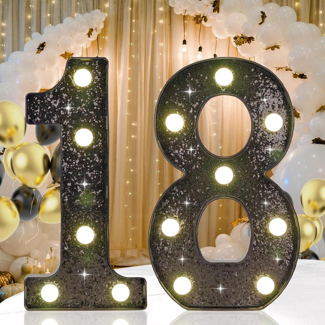 Glitter Black 18 LED Light Up Numbers for Birthday Party, 18th Birthday Decorations for Girls Boys, Decorative Marquee Number for 18 Wedding Anniversary