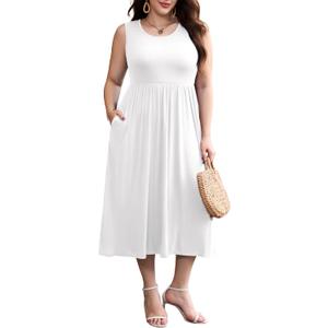 LARACE Women's Plus Size Sleeveless Maxi Dress Casual Crew Neck Pleated Flowy Long Dresses with Pockets (1X, White)