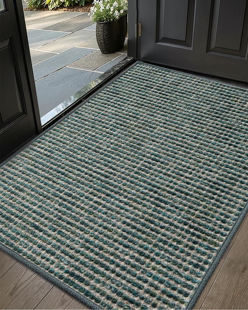 Color&Geometry Thin Indoor Door Mat 32"x48", Dirt & Moisture Trapping, Non-Slip Rubber Backing, Low Profile Inside Doormat for Home Entrance, Entryway, Patio & Porch,Teal Green