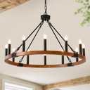 HHR 12-Light Wood Wagon Wheel Chandelier, 32-Inch Round Farmhouse Chandeliers for Living Room, Vintage Light Fixtures Rustic Chandelier for Dining Room Entryway Foyer Bedroom, E12