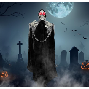 77.5" Halloween Decorations Outdoor  Moving LifeSize Skeleton Witch with Glowing Eyes & Chain, SoundActived Halloween Party Decoration with Creepy Sound (Black)