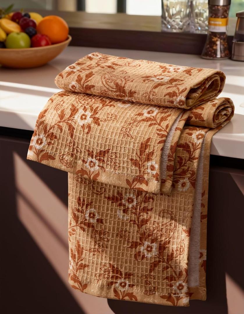 Miss Adola Cotton Waffle Kitchen Towels Cute 370 GSM 16x25 Inch Terry Cloth Waffle Decorative Dishcloth for Kitchen Set of 2 with Hanging Loop Absorbent Hand Tea Towel for Home Design, Rustic Flower