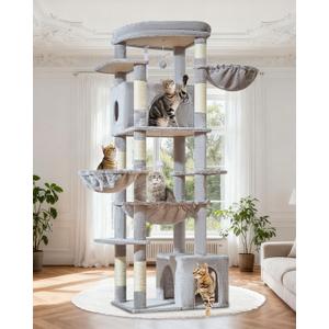 Taoqimiao 72 Inch Cat Tree, XXL Cat Tower for Indoor Cats Large Adult 25Lbs+, Extra-Large Platform, 2 Cat Houses, 7 Scratching Post, Extra-Sized Durable Hammock, Cozy Basket, Light Gray, F20W