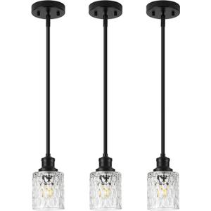 Black Pendant Lights Kitchen Island 3 Pack, Modern Mini Glass Pendant Light Fixtures with Drum Glass and Rods, Adjustable Hanging Light for Kitchen Sink Dining Room Bathroom