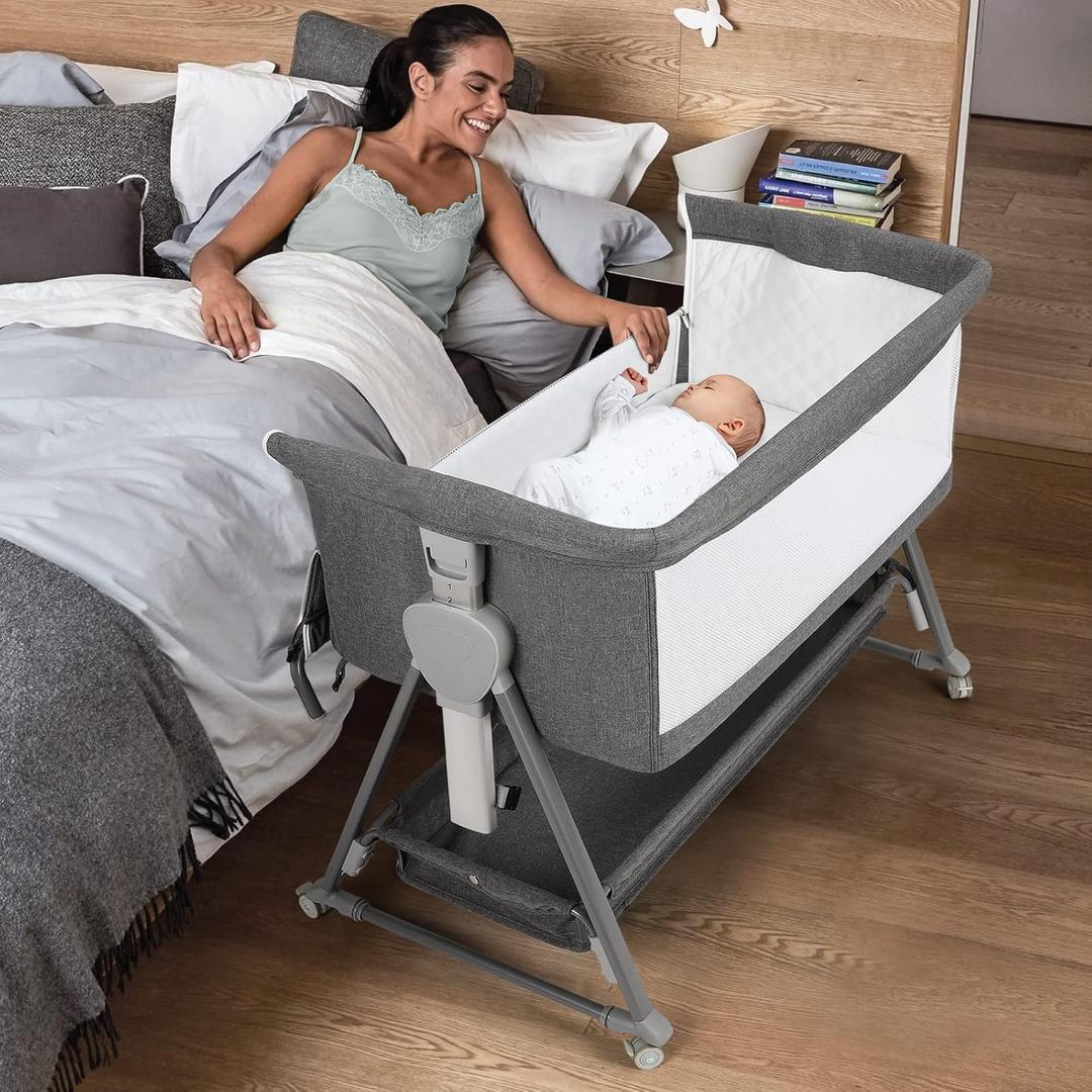 Cowiewie Bassinet Bedside Sleeper, Baby Bassinet with 7 Adjustable Height, Bedside Bassinets for Baby with Breathable Mesh Sides & Mattress, XL Storage, Easy Folding Bedside Crib (Pyramid Dark Gray)