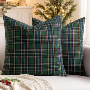 MIULEE Christmas Set of 2 Scottish Tartan Plaid Throw Pillow Covers Farmhouse Classic Decorative Outdoor Square Cushion Cases for Decor Sofa Couch 18x18 Inch, Green
