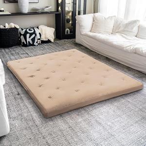 ZonLi Japanese Floor Futon Mattress Full Size 54"x 80",100% Cotton Cover 4'' Thicken Tatami Mattress,Foldable Sleeping Pad,Portable Dormitory Tatami Mat,Roll Up Floor Lounger Bed for Adult (Khaki)