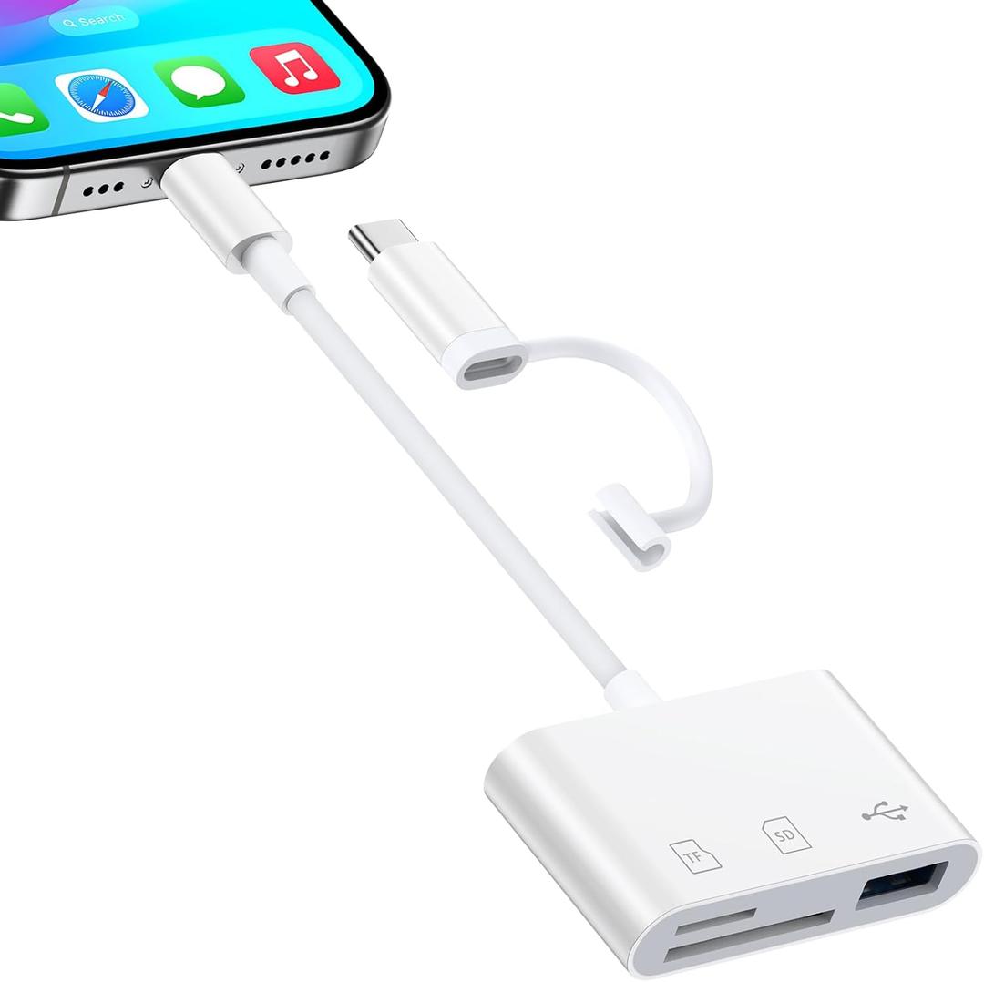 SD Card Reader Adapter for iPhone 17/17 Pro Max/17 Air/16E/16 Pro Max Plus/16/15,USB-C & Lightening Trail Digital Camera Memory Reader for MicroSD, SD Cards & USB A Port for Samsung Galaxy S25/S24/S23