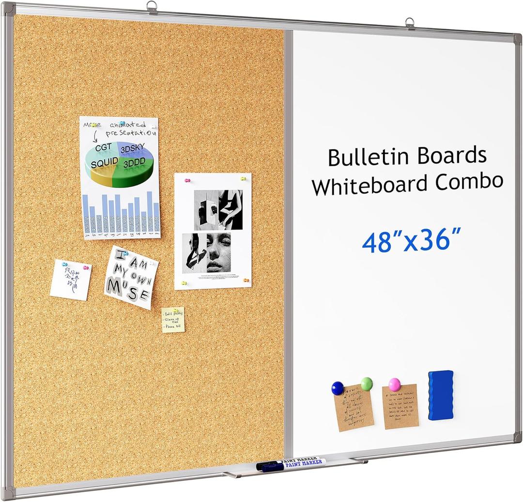 EasyPAG White Board Cork Board Combo 48 x 36 inch Wall Mount Magnetic Whiteboard for Office Home and School