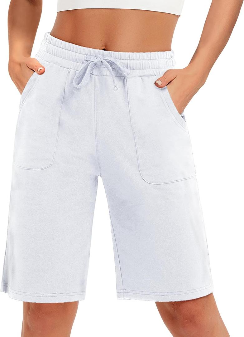 SPECIALMAGIC Cotton Sweat Shorts with Pockets for Women 10" Athletic Lounge Sports Workout Bermuda Knee Shorts (White) L