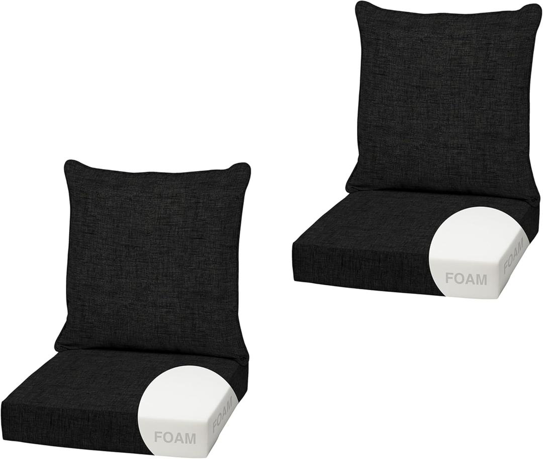 Arden Outdoor Foam Deep Seat Cushion (2-Pack), 22x24, Premium High-Density Foam, Never Flattens, Weather-Proof for Patio Chair Sofa Couch, Black Leala