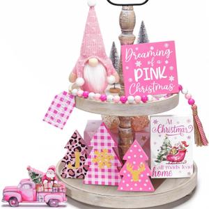 Pink Christmas Tiered Tray Decor 8 PCS Xmas Decorations Indoor - Believe Christmas Wooden Signs & Pink Xmas Gnome Plush Set - Table Decor Tier for Home Kitchen Mantel