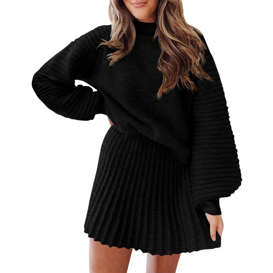 Women's Two Piece Outfits Turtleneck Long Sleeve Ribbed Knit Tops Pleated Mini Skirt 2025 Casual Sweater Sets S/M