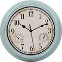 12 Inch Indoor Outdoor Retro Waterproof Wall Clock with Thermometer and Hygrometer, Battery Operated Quartz Round Wall Clock Silent Non Ticking Home Decor,Blue
