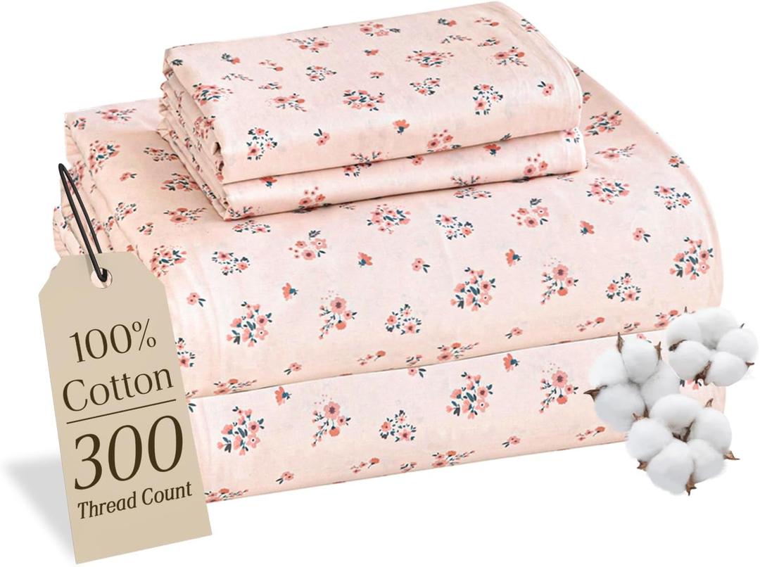 MCO 100% Cotton Sheet Set Floral Printed, 300 Thread Count Cotton Queen Sheet Set, 16" Deep Pocket, Breathable Cooling Sheets 4 Pieces (Queen, Pink Floral)