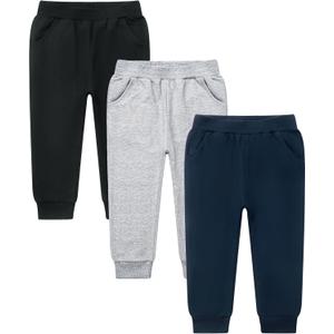 GFQLONG 3 Pack Toddler Pants Sweatpants Boys Cotton Joggers, Athletic Pull on Sweat Pants with Pockets for Kids Clothes, Grey+Black+Navy, 2-3T