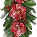Briful 28.7 Inch Christmas Magnolia Flower Teardrop Swag  Red Magnolia Door Swag with Pine Cones Berries Artificial Christmas Hanging Teardrop for Xmas Home Holiday Front Door Outdoor Porch Decor