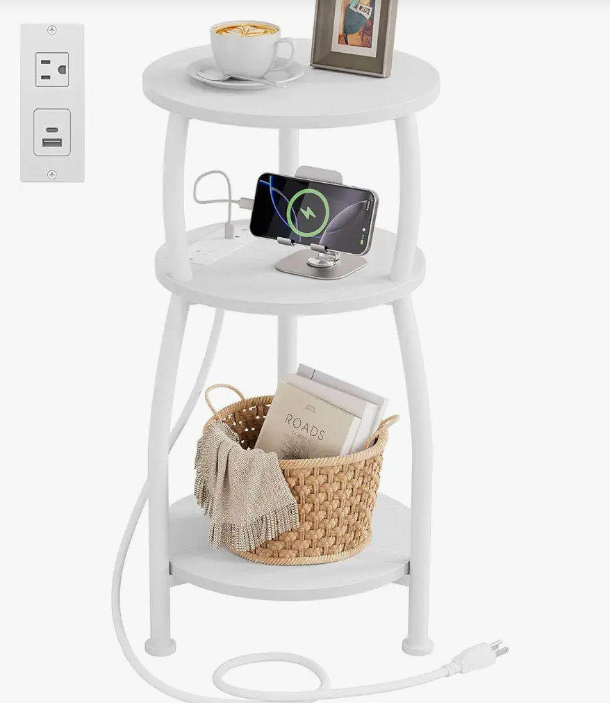 XBurmo Small Round End Table  3 Tier Design Accent Table, Narrow Side or Bedside Stand, Industrial Vintage Nightstand for Bedroom, Living Room, or Small Spaces, Set of 2, Rustic Brown