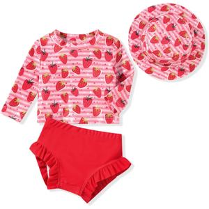 HINTINA Newborn Baby Girl Long Sleeve Swimsuit Two Piece Rash Guard Set Nb Strawberry Bathing Suit with Hat Swimming Beach Wear