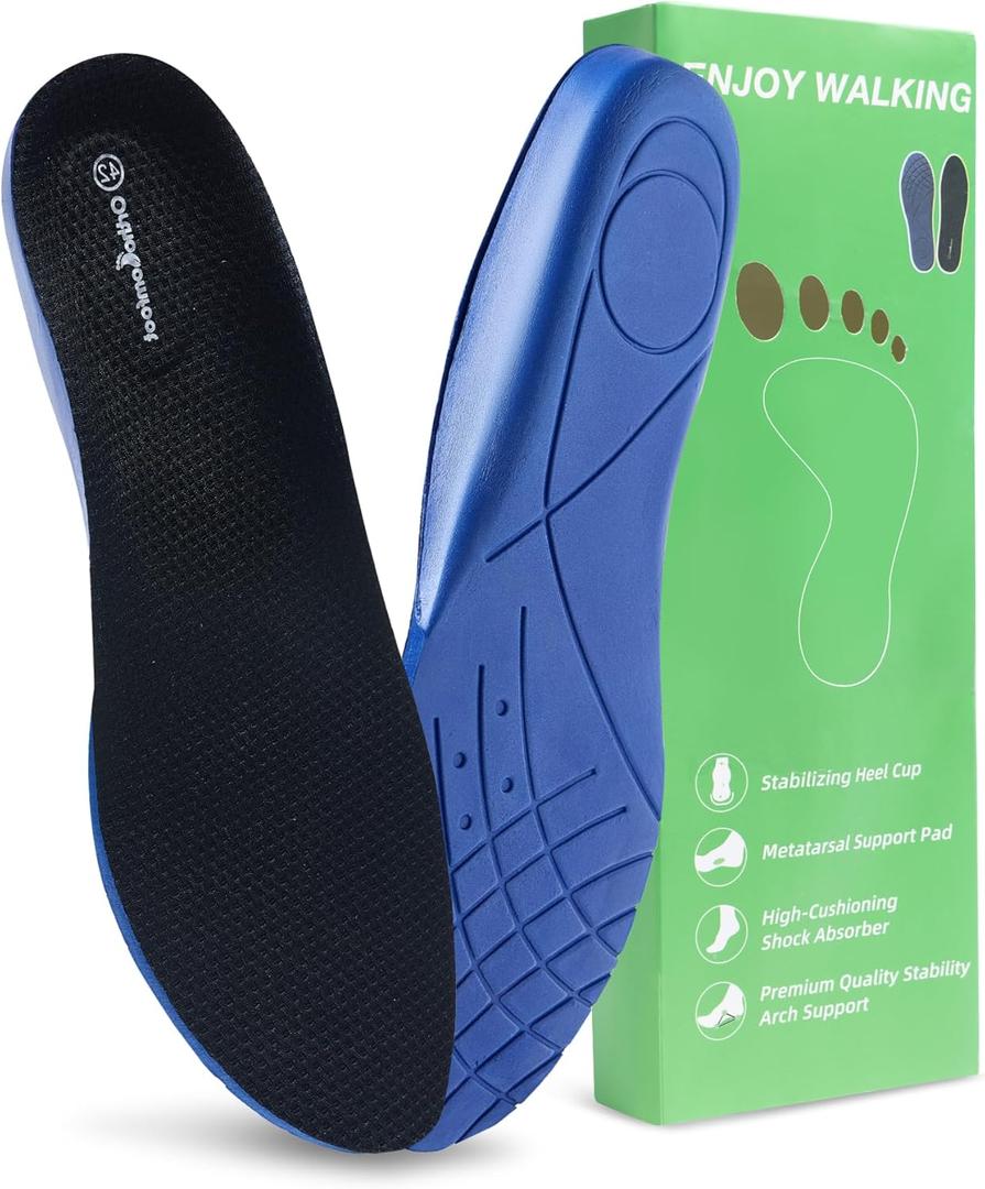 OrthoComfoot Plantar Fasciitis Relief Comfort Insoles: Low Arch Support Shoe Inserts for Men Women, Heavy Duty Work Boot Orthotic Steppers Insoles for Standing All Day, Size 10 Men/12 Women (W1-black)