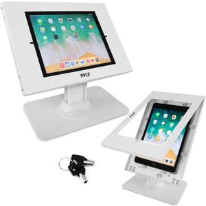 Pyle Anti Theft Tablet Security Stand - Table Mount Desktop Ipad Kiosk Stand w/Lock and Key Mechanism, 90 Rotate 75 Tilt - iPad, iPad Air, Pro, Samsung Galaxy Tab A (2023) -PSPADLK18, White