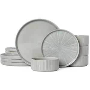 Dinnerware Sets for 4, Ceramic Plates and Bowls Set 12 Piece Dinnerware Chip Resistant Stoneware, Dishwasher and Microwave Safe-Green