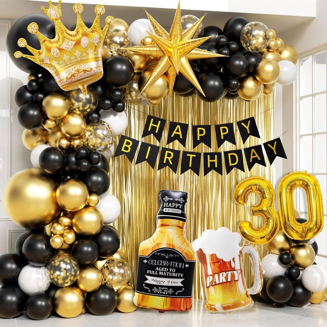 112pcs 30th Birthday Decorations for Him, 30th Birthday Decorations with Number 30 Foil Balloon Fringe Curtains White Black and Gold Balloons for Happy Birthday Party Decoration