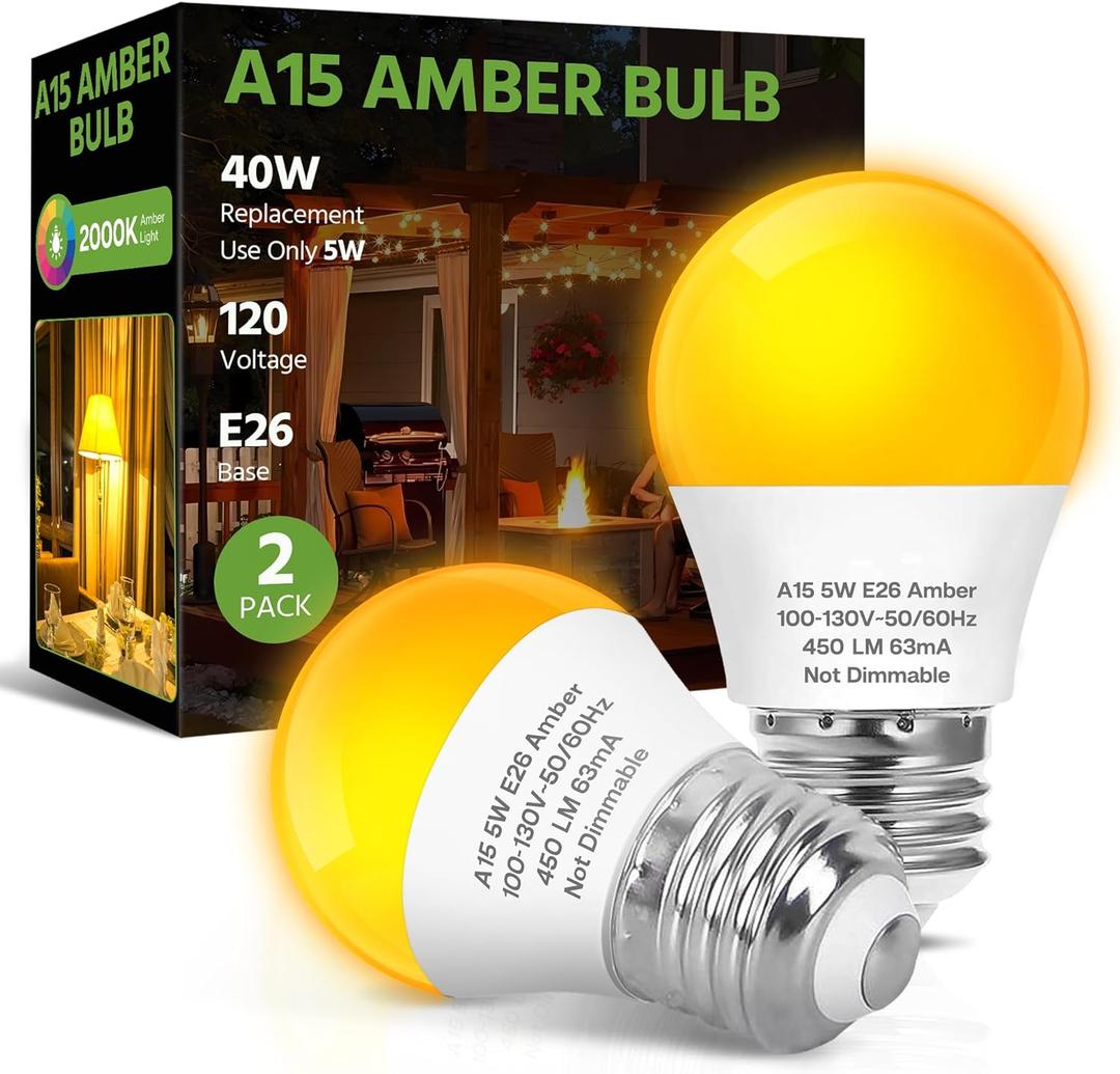 LED Amber Light Bulbs, 40W Equivalent A15 LED Bulb, 5W Energy Saving Yellow Bulbs, E26 Base, 2000K Amber Light for Porch, Patio, Bedroom, Nursery, Sleep, Non-Dimmable, 2 Packs