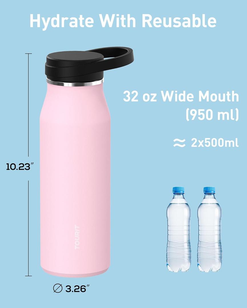 TOURIT 32 oz Insulated Water Bottle, Stainless Steel Sports Water Bottles With Wide Mouth, BPA Free Leakproof Thermos Bottle for Sports and Travel, Pink