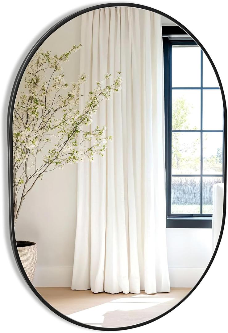 Oval Black Bathroom Mirror,24 x 36 Inch Wall Vanity Modern Tempered Glass Mirror for Over Sink,Bedroom,Living Room,Entryway