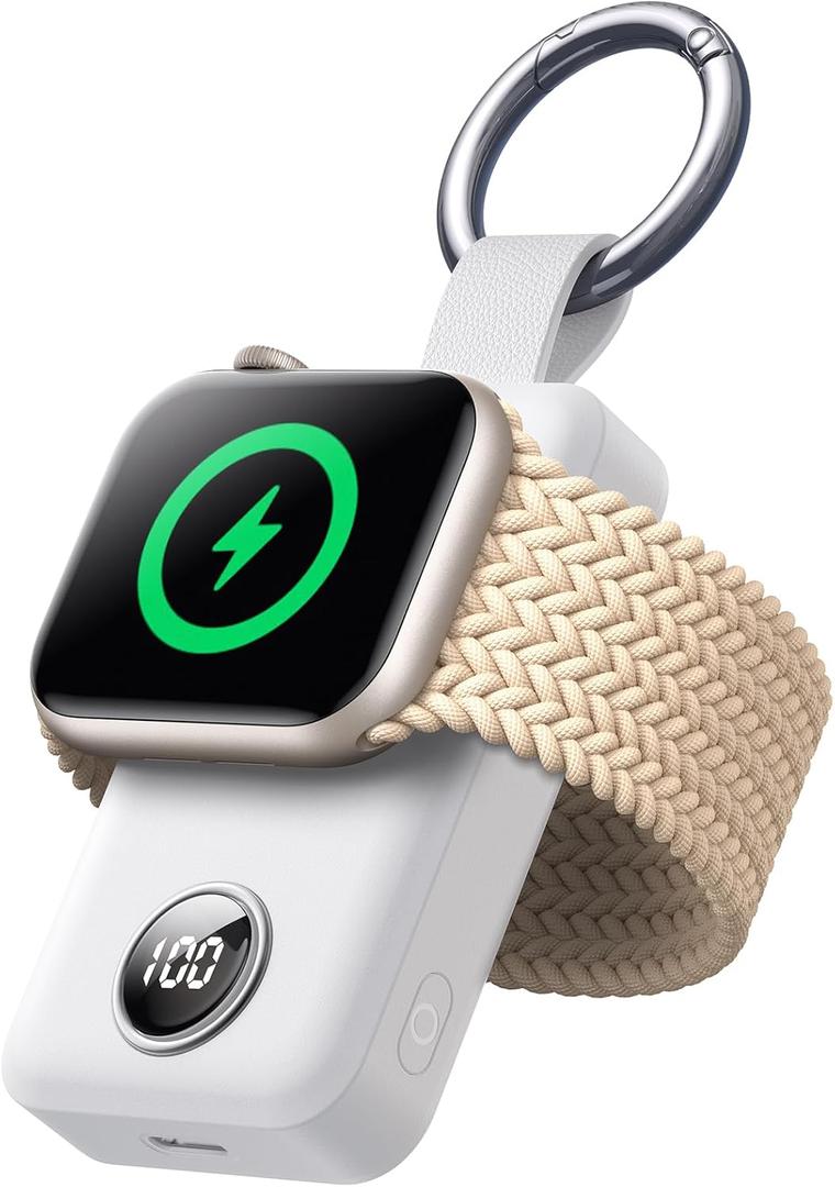 JOYROOM Portable 2000mAh Wireless Charger Compatible for Apple Watch Series 9/8/7/6/5/SE/4/3/2/UItra 2/Ultra, Compact Magnetic iWatch Charger Keychain Style Travel Essentials (White)