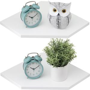 Corner Floating Shelves, White Corner Wall Shelf Set of 2, Solid Oak Wood Floating Shelves Wall Mount Shelf with Wire Hole Small Plant Display for Kitchen Living Room Bedroom, 11.2inch