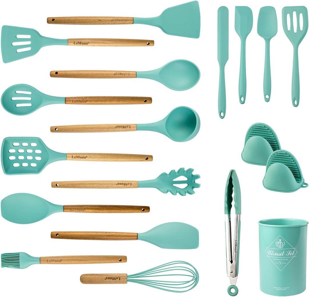 Cooking Utensils Set, 18pcs Kitchen Silicone Utensils, Heat Resistant Non Toxic & BPA-Free with Holder & Wooden Handle, Home Essential Accessories, Teal(Turquoise), Medium