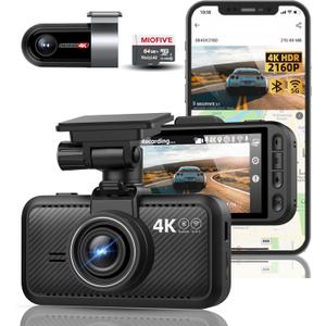 Miofive Dash Cam Car Front Rear 4K+4K WiFi Bluetooth Dash Cam with 64GB SD Card, Dual Car Camera with Parking Monitoring, Super Night Vision, HDR, G-Sensor, Loop Recording, App Control, Max 512GB
