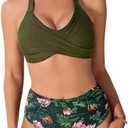 Women's Bikini Set Tummy Control Swimsuit Push Up Bikini Top Twist Front Swimsuits High Waist Bikini Sets Swimwear Two Piece Swimsuits, L
