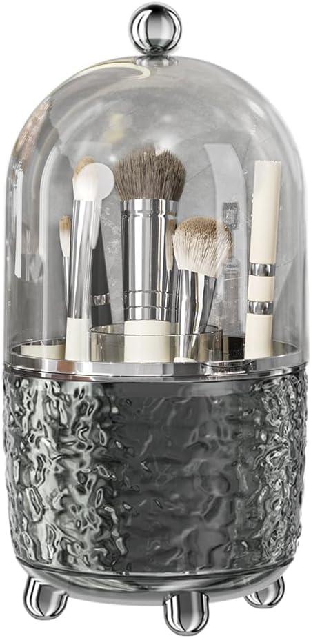Makeup Brush Holder with Lid, 360 Rotating Cosmetic Tools Organizer with Cover, Dustproof Spinning Makeup Brush Organizer for Vanity, Ideal Gift for Girlfriend Wife Friends (Gray)