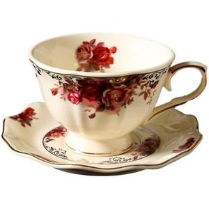 PICORLANE 8 oz Vintage flower Ceramic cup and 6" saucer set with Brand customized stainless steel spoon Gifts for Afternoon Tea Coffee Hour (B)