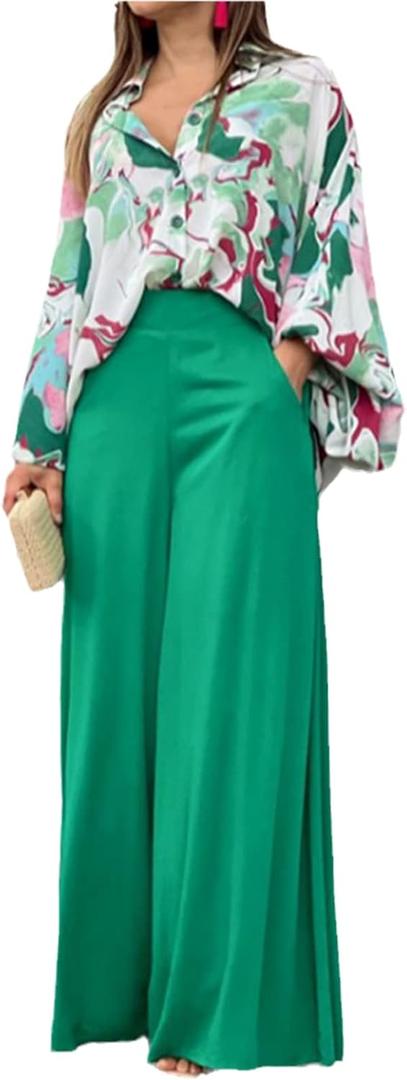 ThusFar Women Casual Two Piece Floral Outfits Oversized Button Down Shirt Blouse and Long Wide Leg Palazzo Pants Set Jumpsuit, L