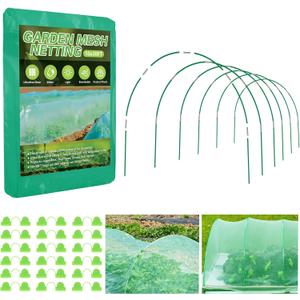 Garden Mesh Netting Kit, 10x30FT Green Ultra Fine Mesh Netting 6 Sets of 8FT Fiberglass Garden Hoops for Raised Beds, Insect Netting Row Cover Net Protect Plants Vegetable Fruits Flowers