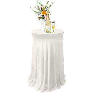 Tegeme 1 Pack 32 x 43 Inch Round Spandex Cocktail Tablecloths with Skirt Cocktail Round Table Cover Spandex Stretch Tablecloth for Fitted High Top Table Bar Wedding Party Banquet (Ivory)