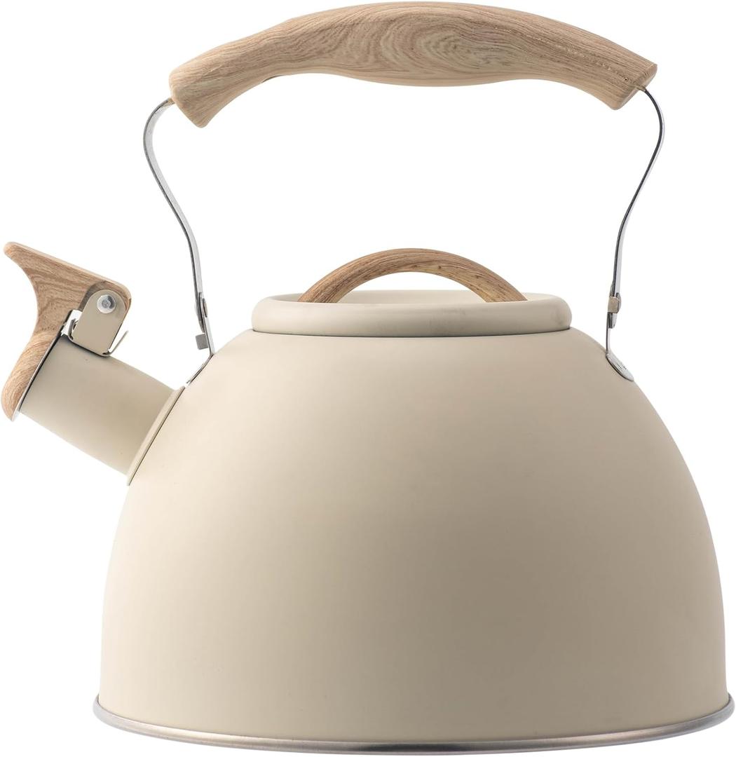 Whistling Stove Tea Kettle Food Grade Stainless Steel Teapot, Hot Water Fast to Boil With Wood Pattern Anti-slip Handle-3.2 Quart