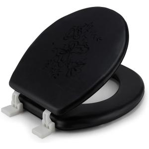 J&V Textiles Embroidered Soft Round Toilet Seat With Easy Clean & Change Hinge, Padded (Black)