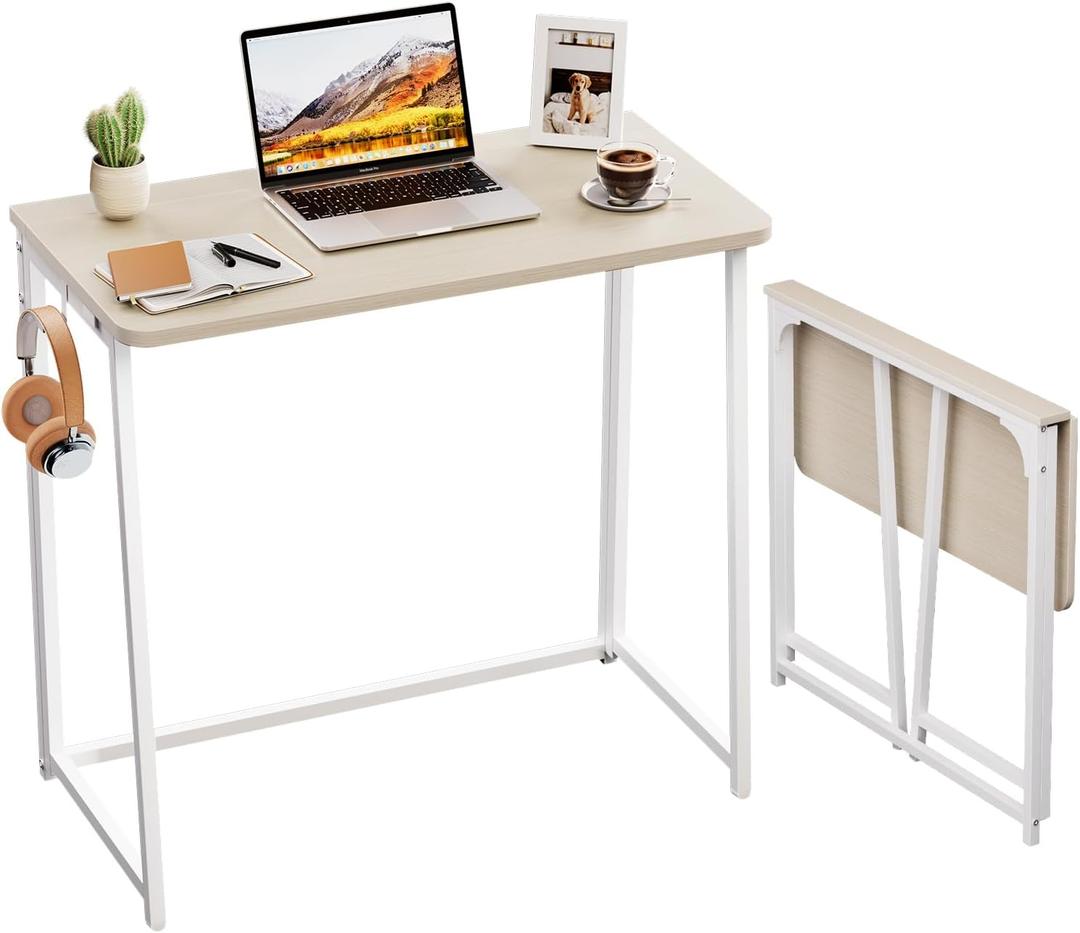 WOHOMO Folding Desk, Small Foldable Desk 31.5" for Small Spaces, Space Saving Computer Table Writing Workstation for Home Office, Easy Assembly, Oak (Beige)