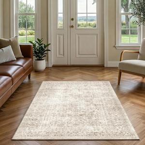 FMFUNCTEX 3x5 Washable Area Rug Beige Vintage Neutral Non Slip Low Pile Traditional Retro Indoor Carpet for Entryway Entrance Soft Floral Throw Rug Living Room Bedroom Kitchen Dining Office Laundry