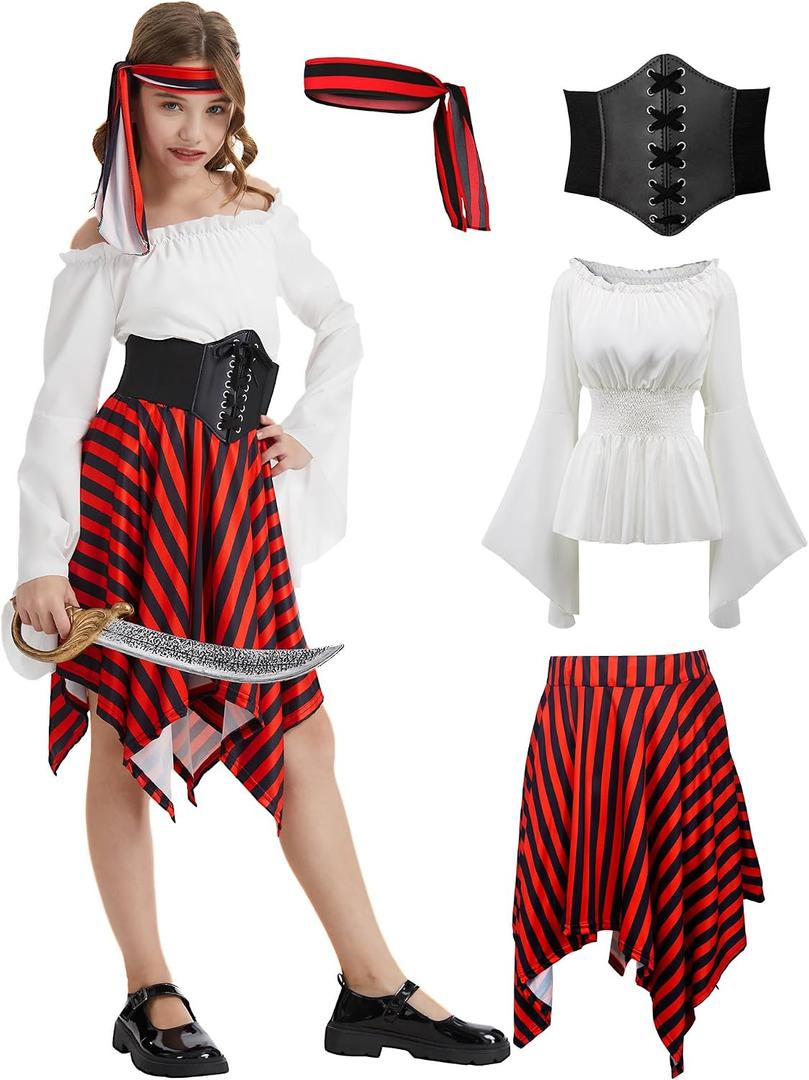 rumnigh Pirate Costume Deluxe Pirate Dress Halloween Dress up Costume (White, 140)
