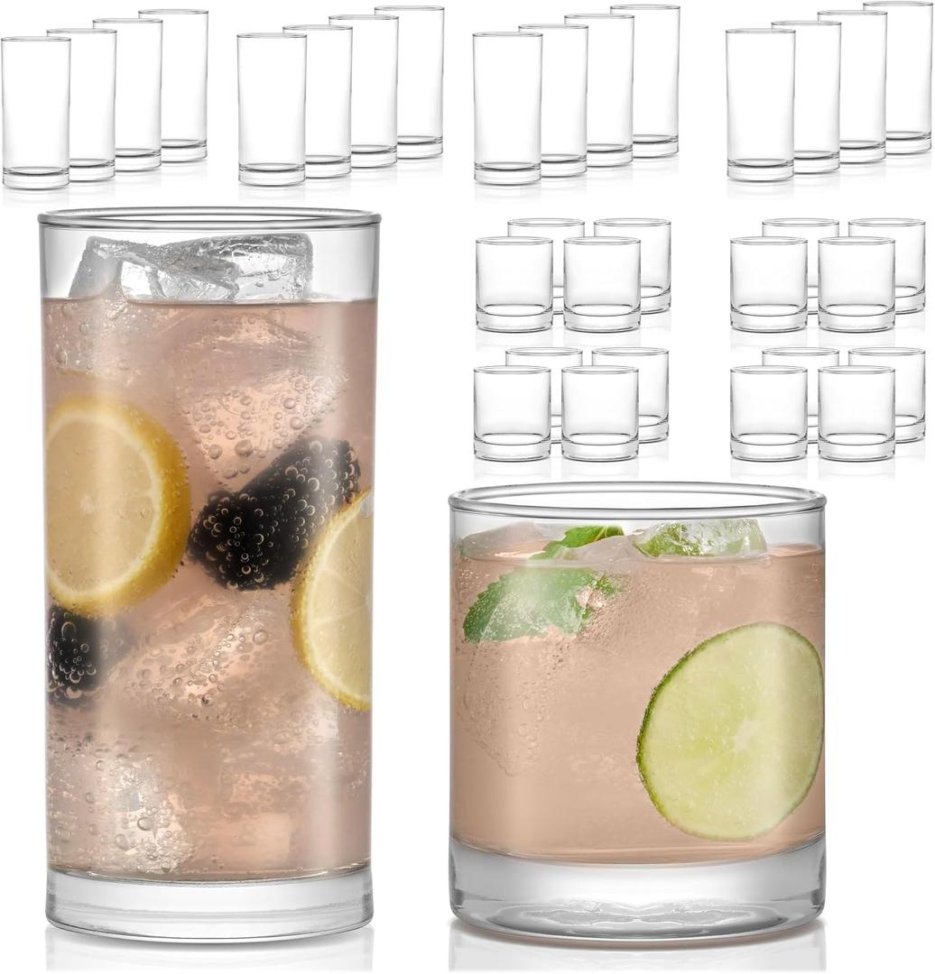 Libbey Province 24-Piece Glasses Drinking Set, Ideal Dining Glassware Sets, Glass Tumbler Set with Lines, Dishwasher Safe Glass Sets For Drinking, 24 Piece Assortment