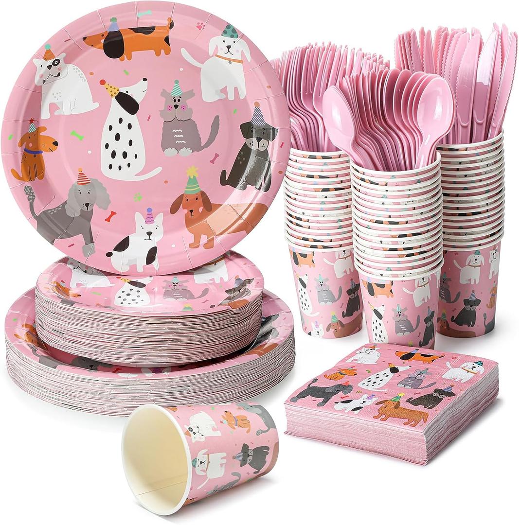 Jinei 350 Pcs Dog Birthday Party Supplies Pink Dog Tableware Set Serves 50 Guests Puppy Birthday Decorations Includes Pink Puppy Plates Cups Napkins Forks Knives Spoons for Party Supplies