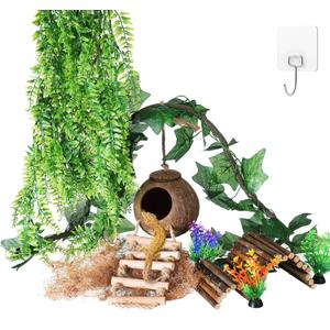 HERCOCCI Crested Gecko Tank Accessories, Reptile Hanging Plants Vines with Coconut Shell Ladder Hideout Hermit Crab Decor for Lizard, Chameleon Cage, Snakes, Hermit Crab, Leopard Gecko