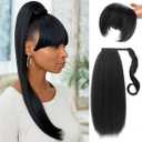 Yaki Straight Ponytail Extensions with Bangs for Black Women Black Synthetic Kinky Straight Wrap Around Magic Paste Ponytail with Bangs Natural Looking Hair Hairpiece for Daily Party Use(1B)